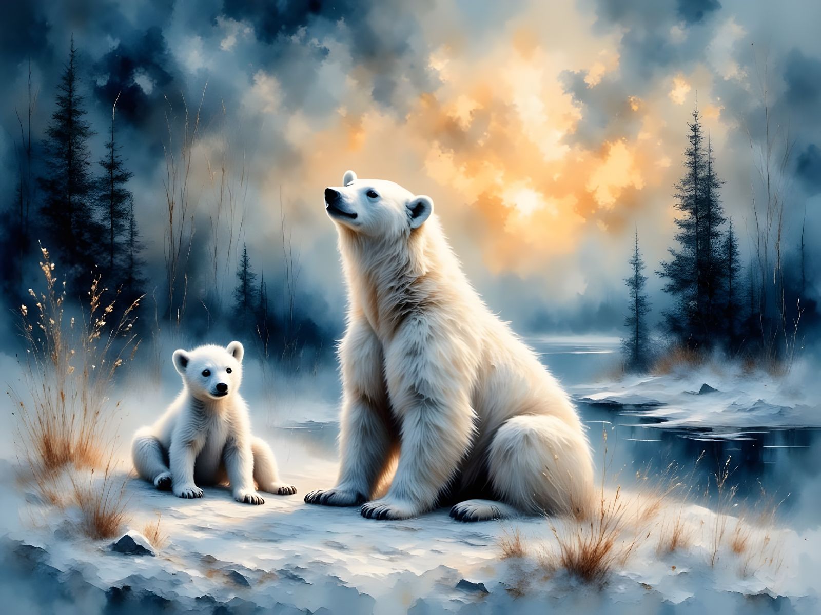 Ethereal Polar Bear Mother and Cub Under Vibrant Night Sky