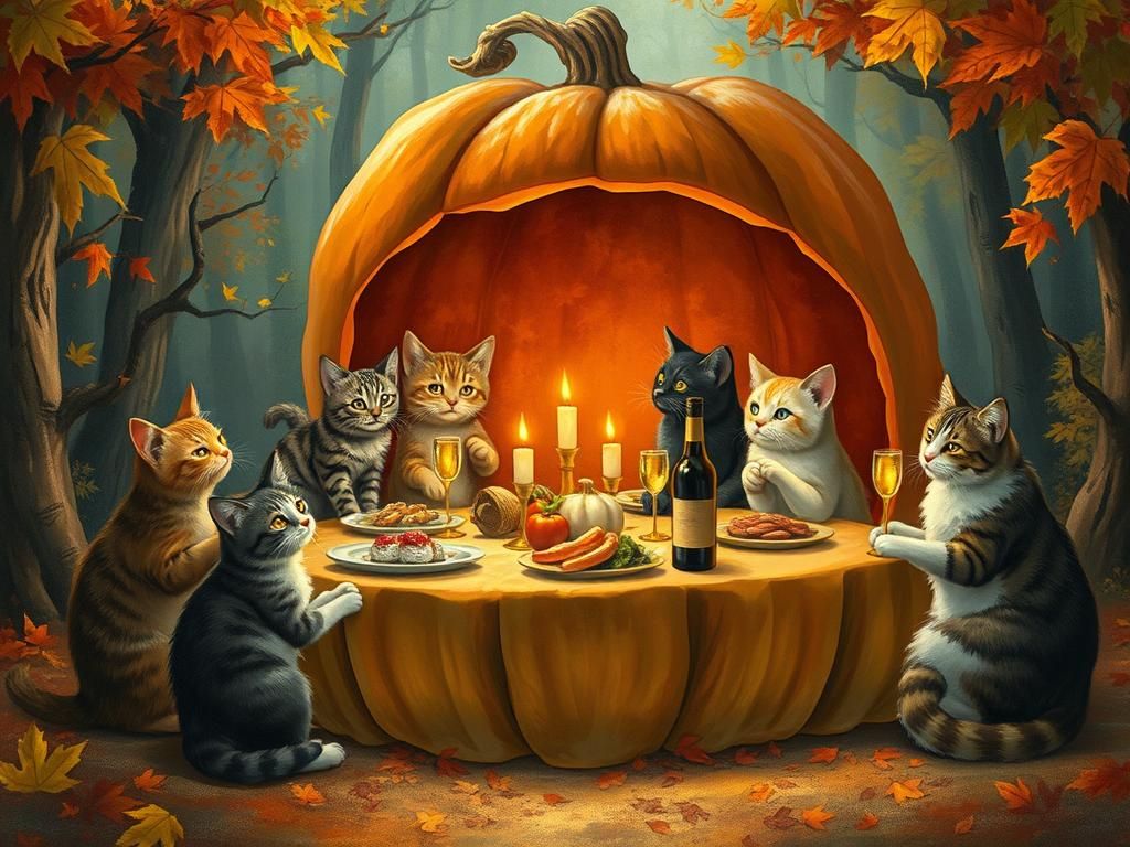 Cat Family Feast Inside an Autumn Pumpkin