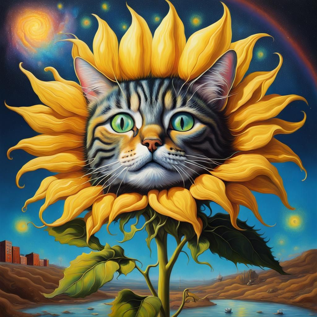 Surreal Starry Cat with Flowers in Dali Style