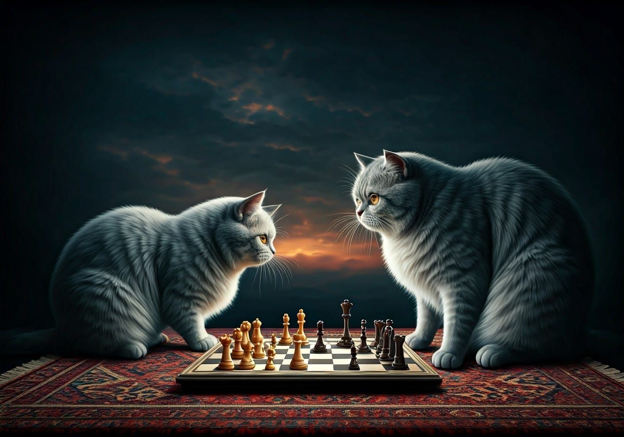 Velvet Painting of Fuzzy Creatures Playing Chess