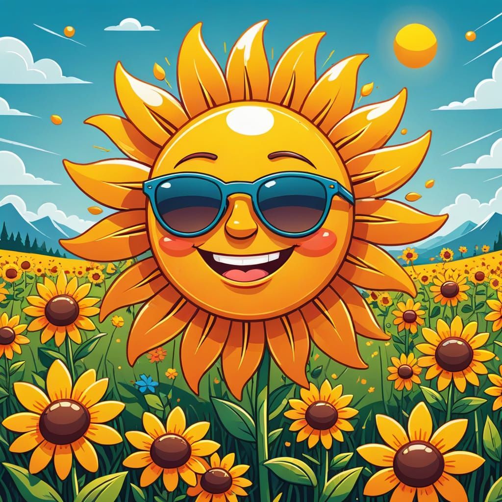 Cheerful Sun Smiles on Dancing Flowers in 2D Cartoon
