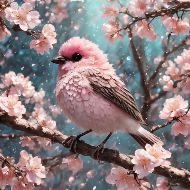 Cute Pink Bird on Sakura Branch in Vaporwave Style