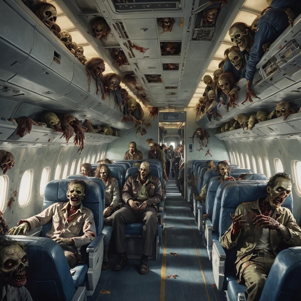 realistic image of the interior of an airplane with all zombies sitting in their seats