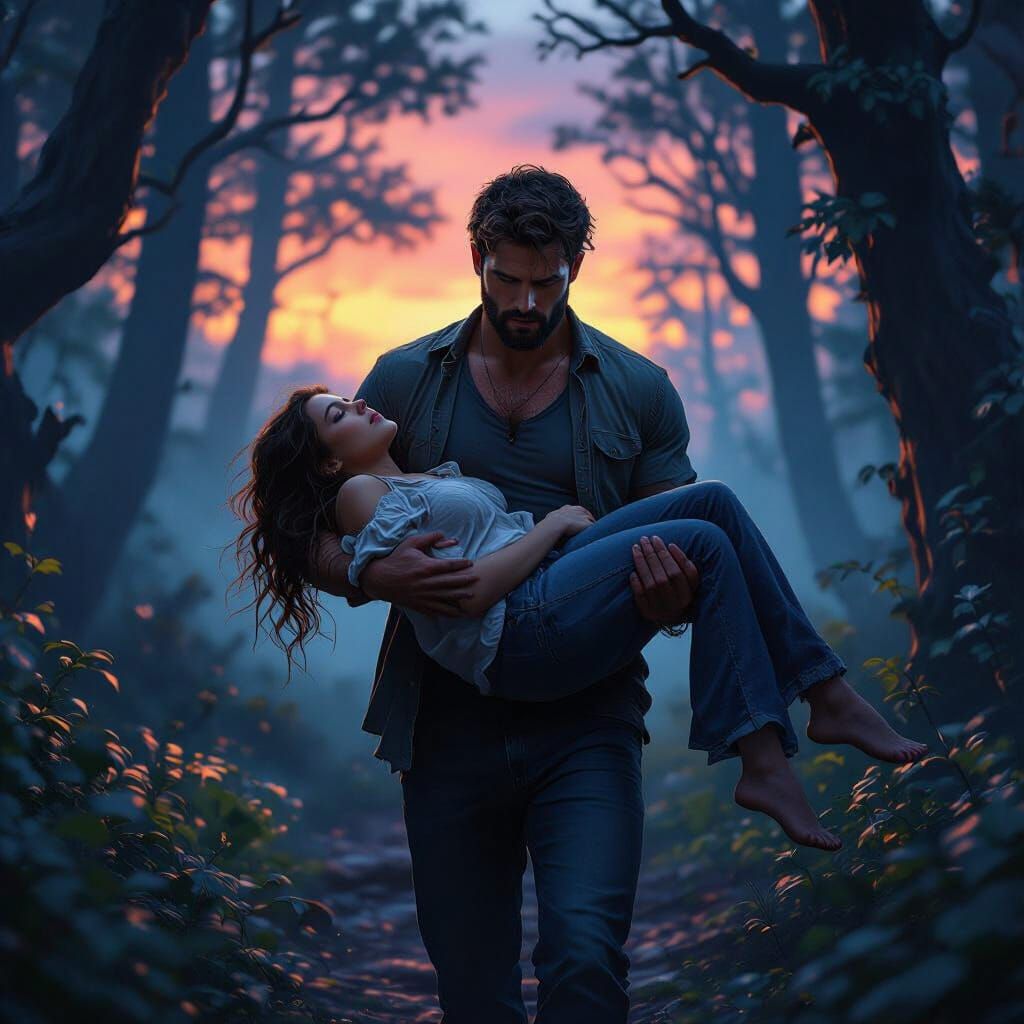 Man Carries Woman Through Dark Enchanted Forest