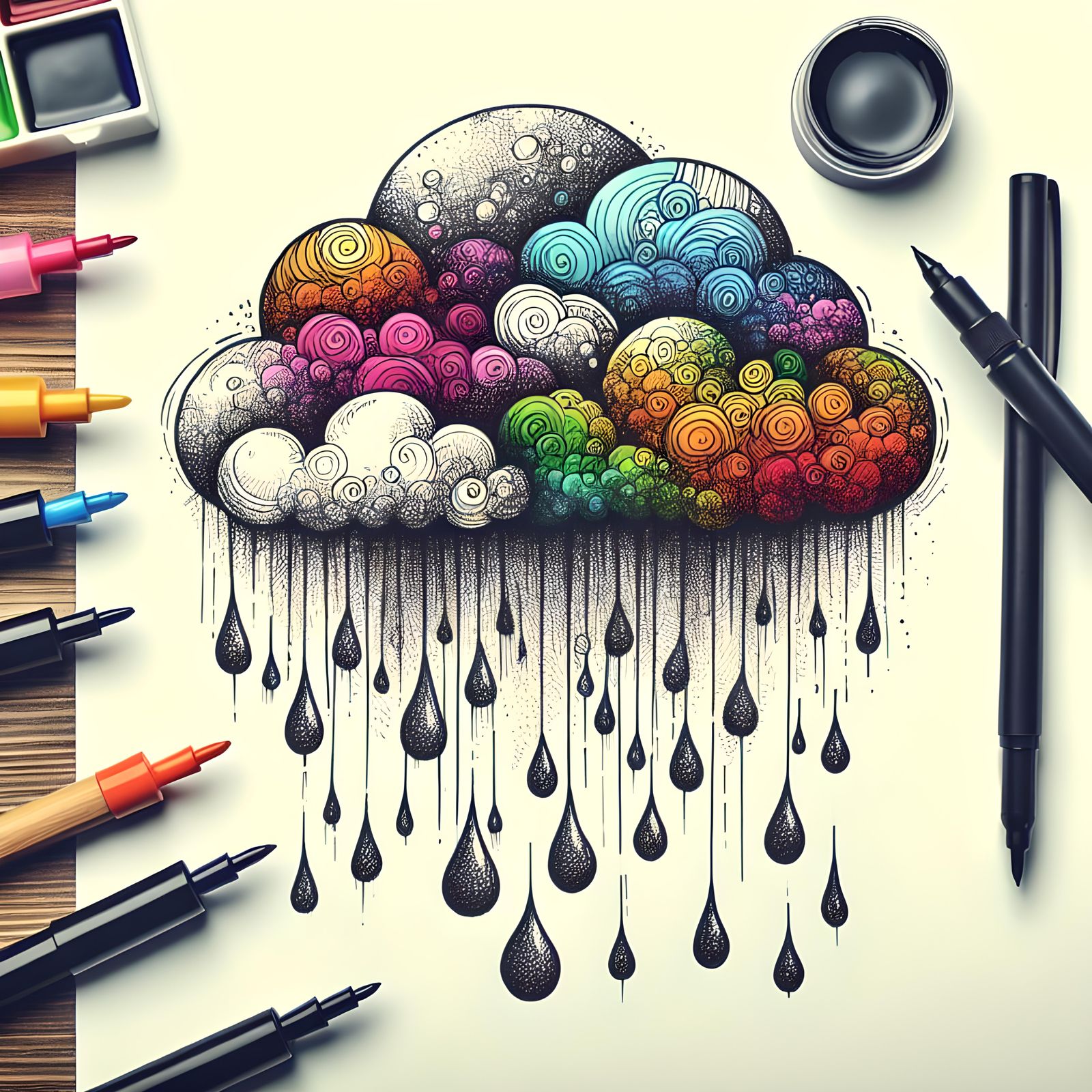 Colorful Raindrops in Ink Drawing