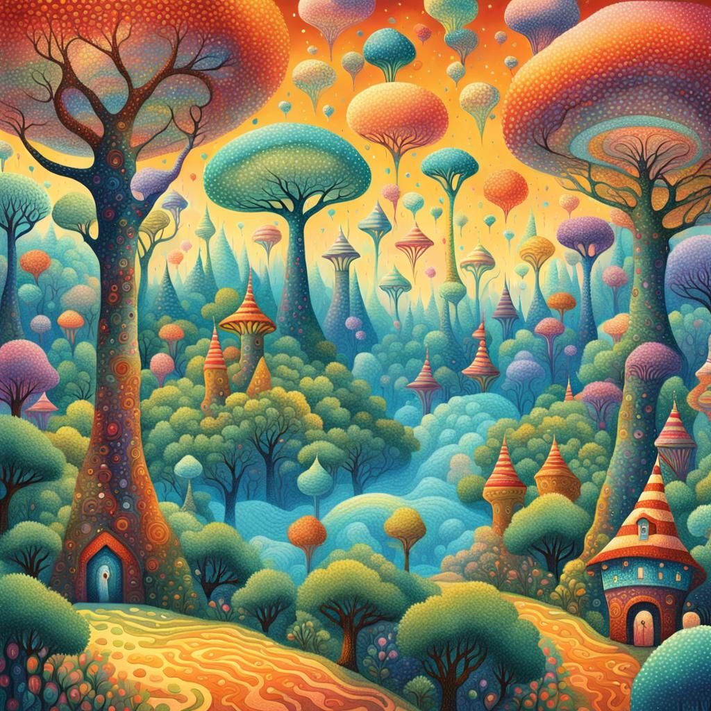 Whimsical Fantasy Land in Pointillism Style