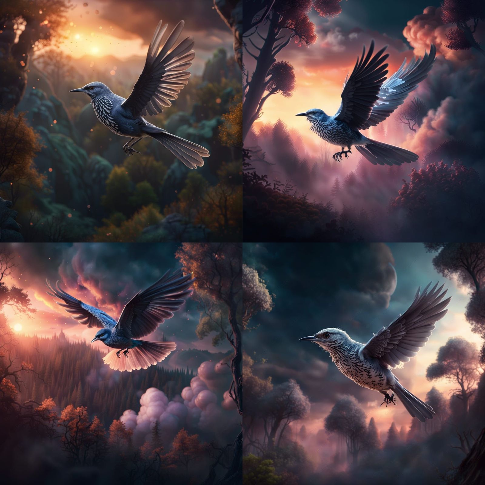 Mockingbird Soaring Over Faerie Forest at Sundown