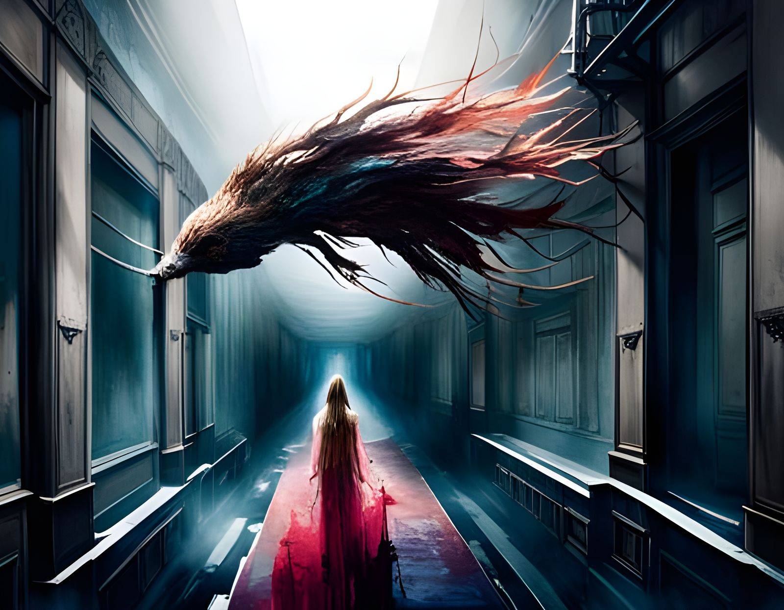 Ethereal Entity in Dark Hallway: Watercolor Art