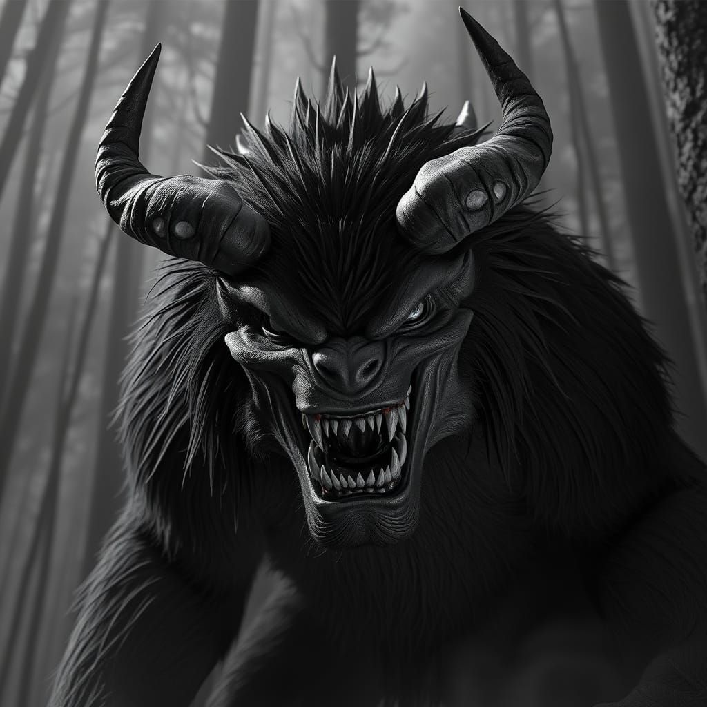Menacing Forest Monster in Dramatic Black and White 3D
