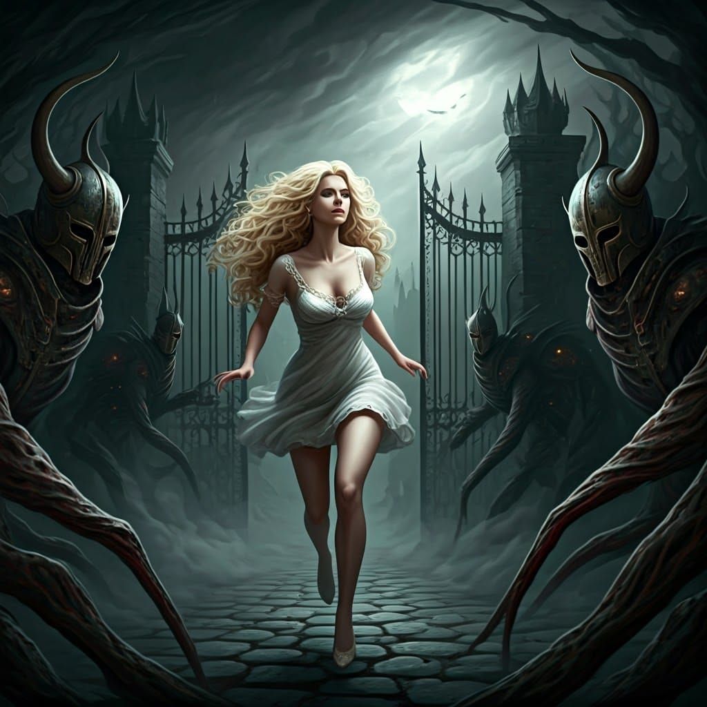 Ethereal Woman in Dark, Gothic Landscape with Twisted Monste...