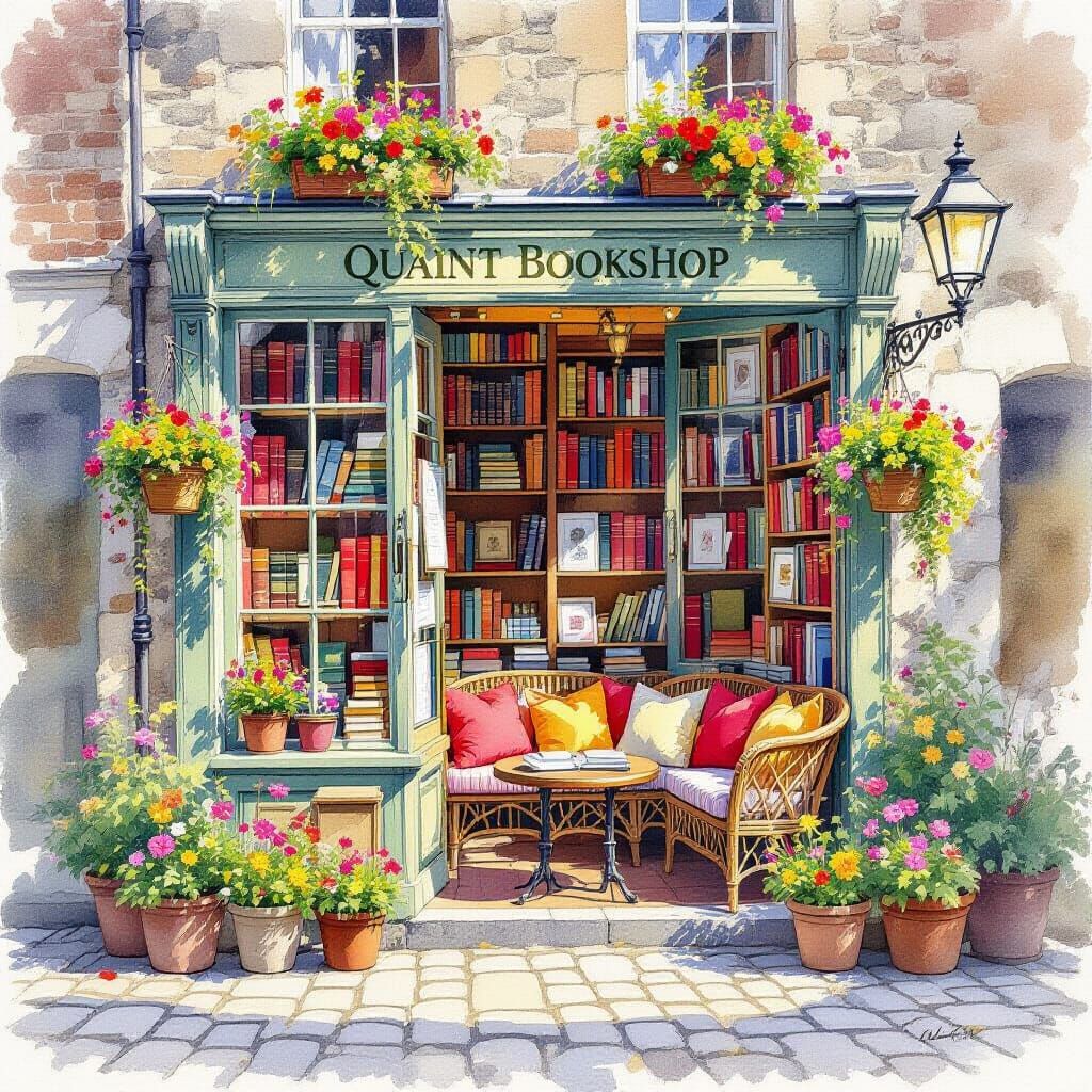 Cozy Watercolor Bookshop on Cobblestone Street
