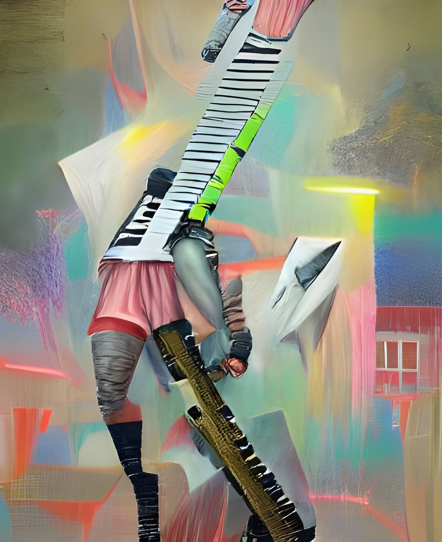 Swordsman Shreds Keytar in Cubist Fluorescent Style