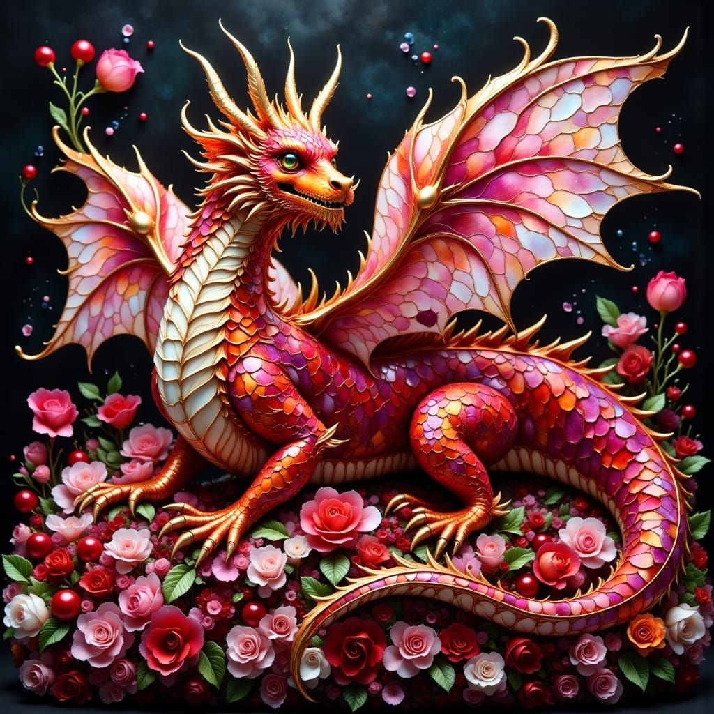 Dragon Made of Stained Glass Rose Petals in Whimsical Settin...