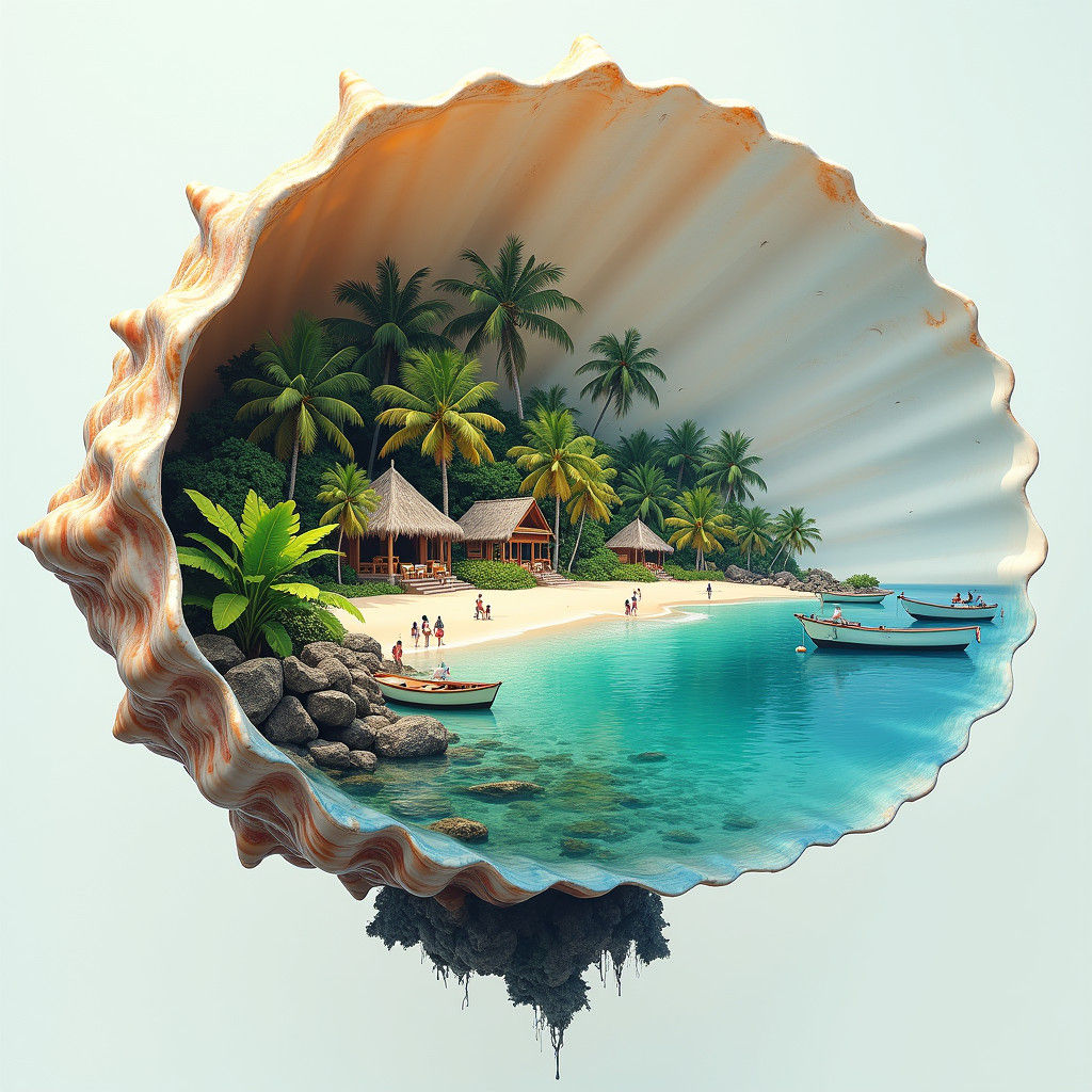 Oasis Island Blends into Conch Shell: Double Exposure Art