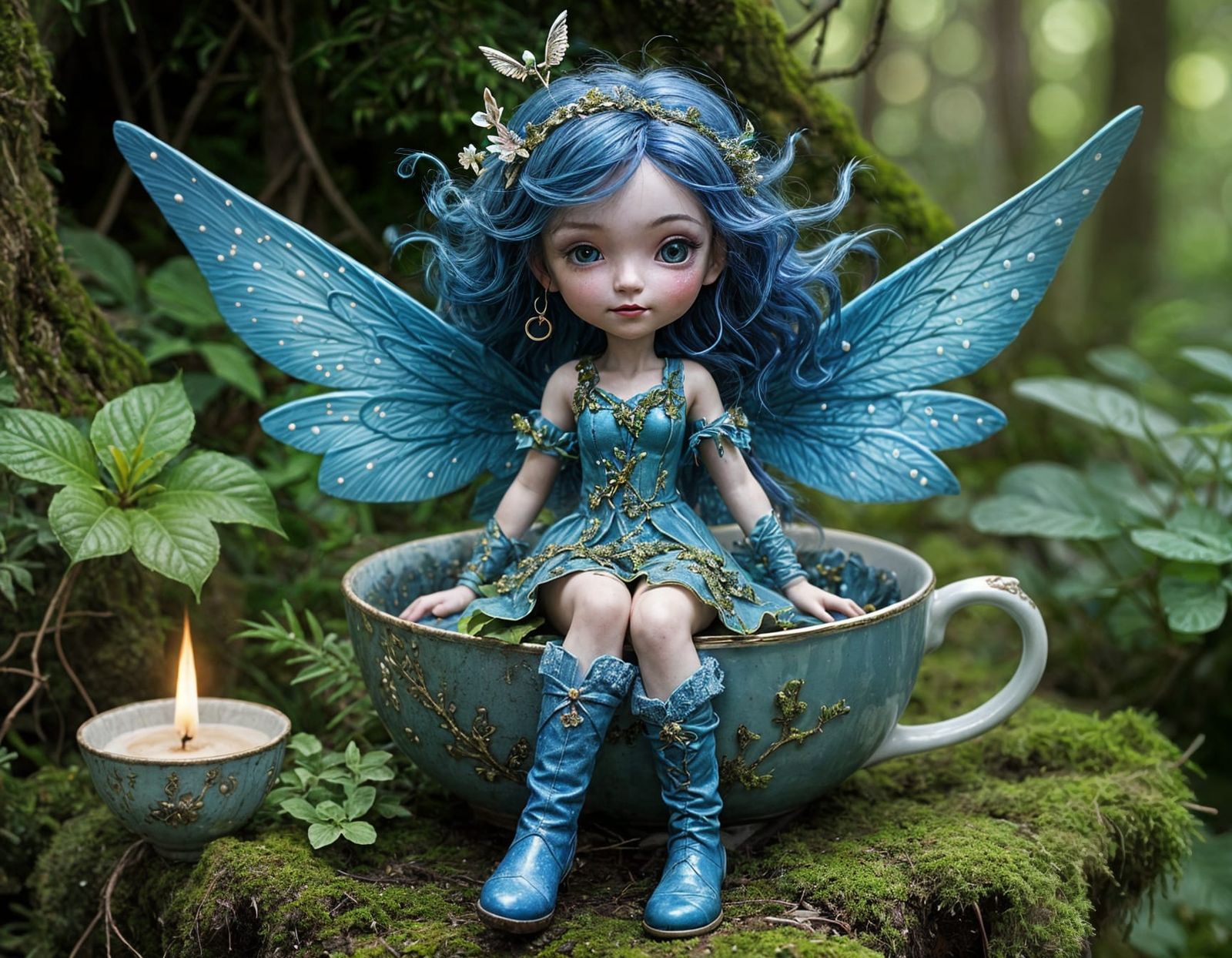 Whimsical Blue Fairy with Moss Hair and Boots