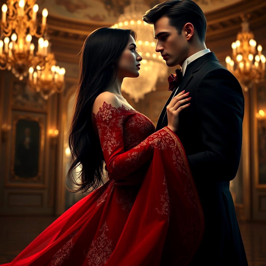Crimson Gown: Ballroom Dance in Golden Light