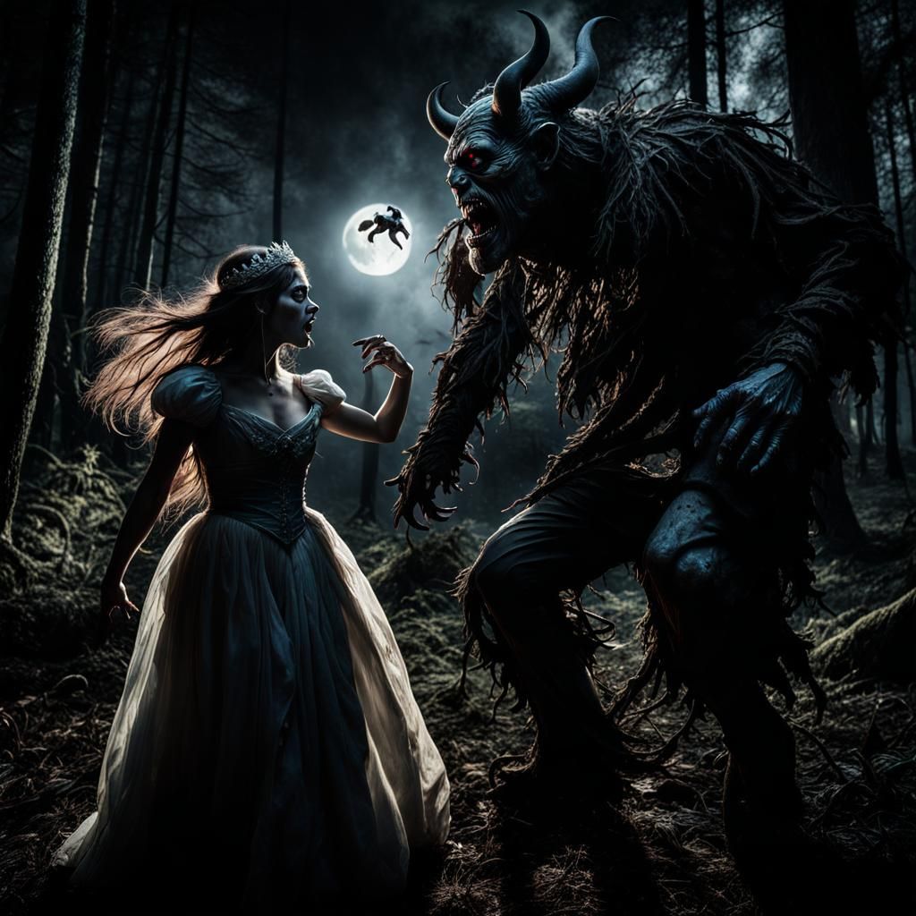 Horrifying Zombie Ogre Chasing Princess in Dark Forest