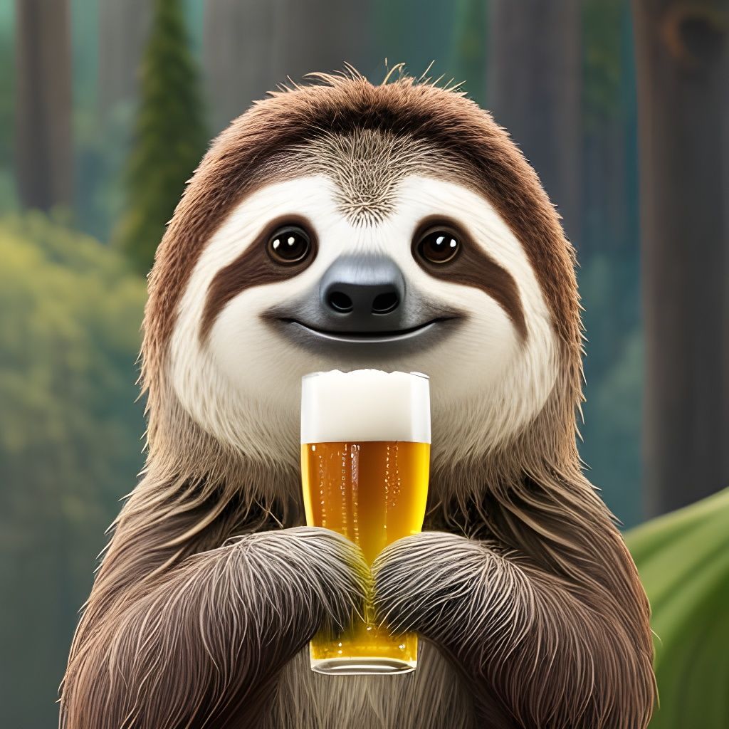 Cute Sloth Drinks Beer: Detailed Digital Portrait