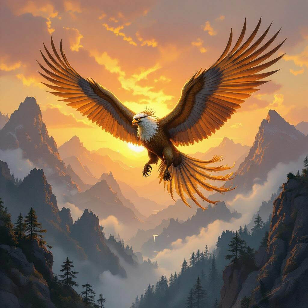 A majestic griffin soars over a misty mountain range at sunrise, its feathers shimmering with gold and bronze hues, its ...