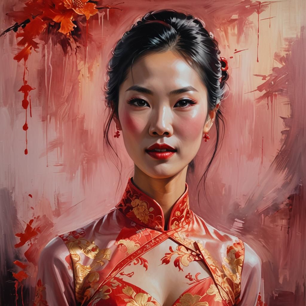 Chinese Vampire in Red Cheongsam Oil Painting
