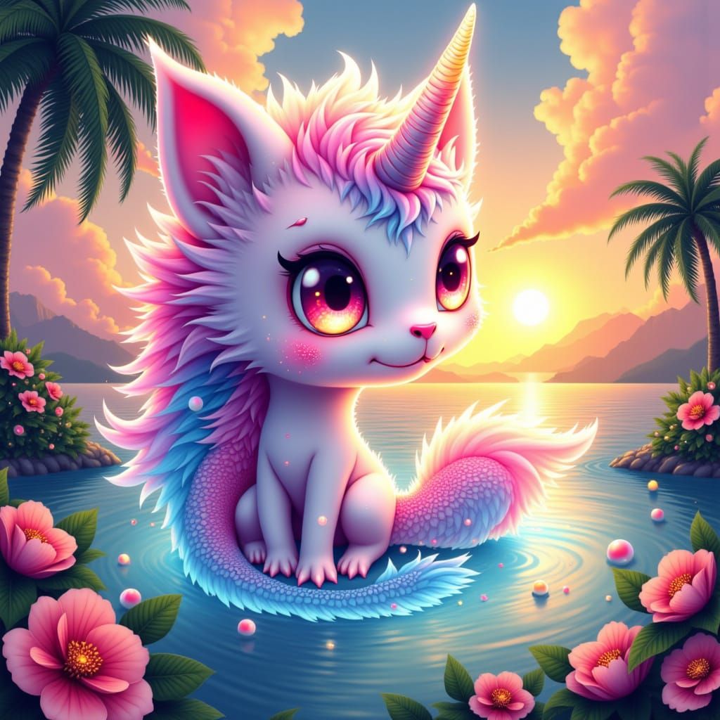 Whimsical Bioluminescent Unicorn Dragon Hybrid in Delicate A...