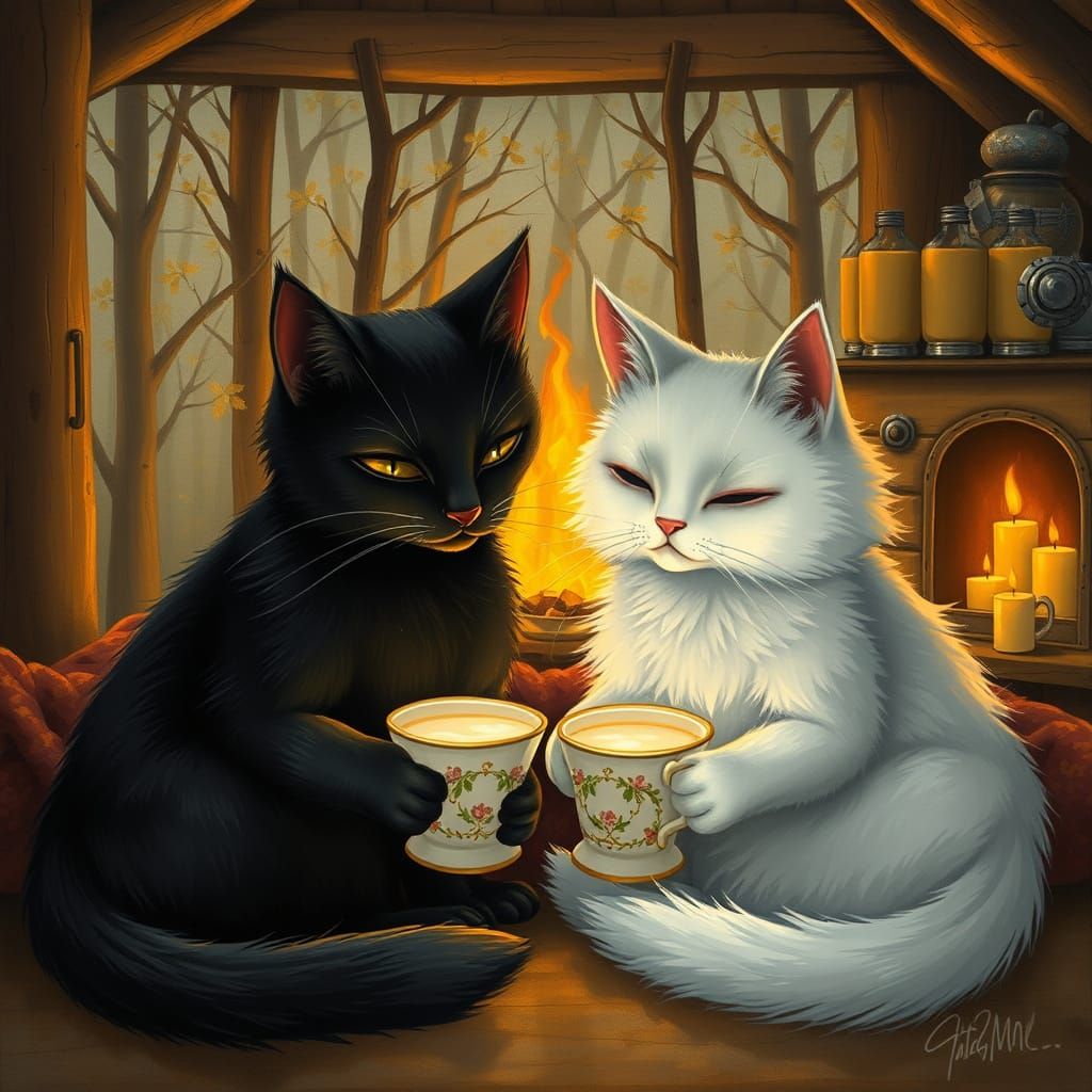 Romantic Cats' Autumn Date Night by Fireplace