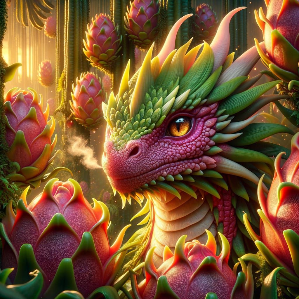Dragonfruit Dragon Hybrid Amidst Lush Plants at Sunset