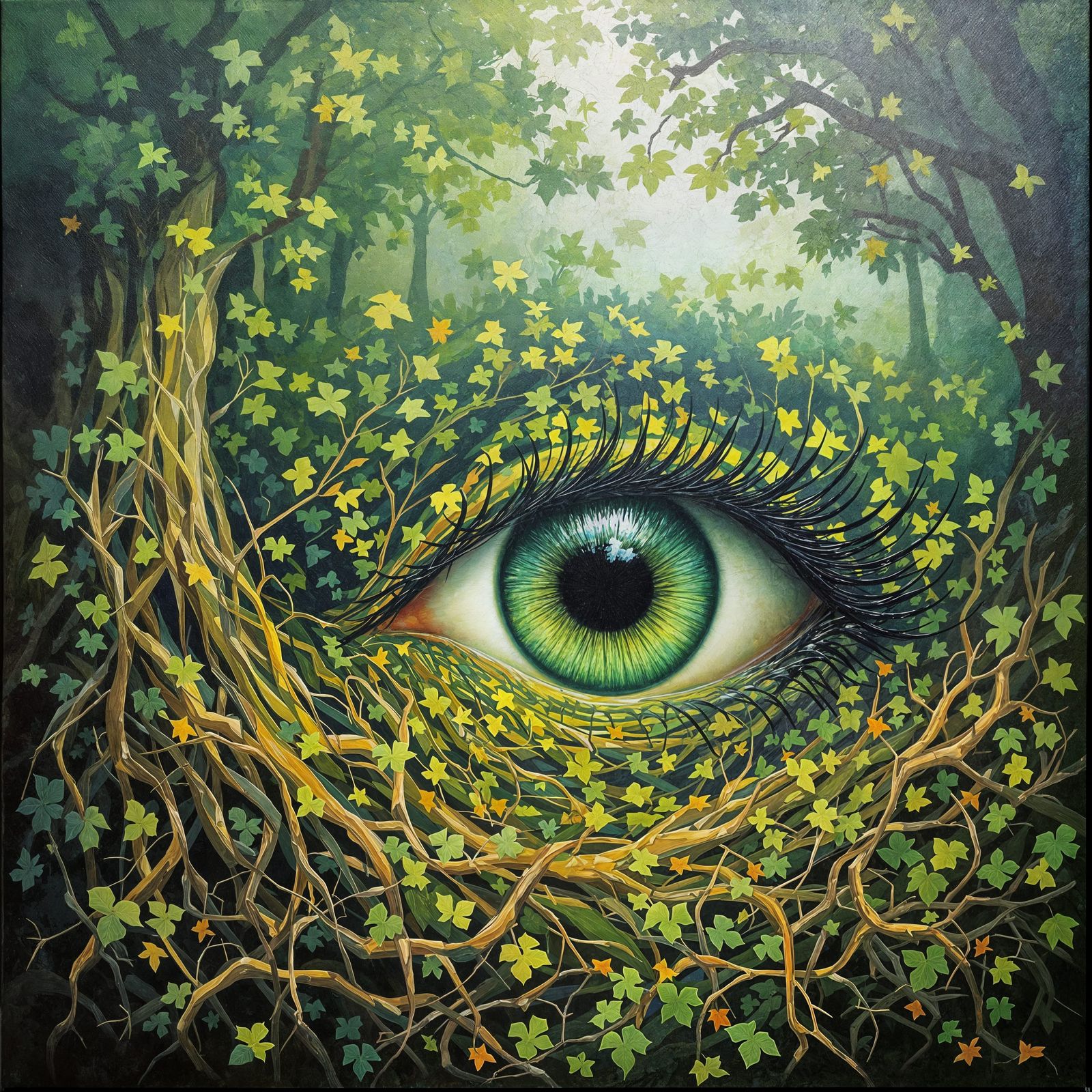 Emerald Eye Gazing into Impressionistic Forest