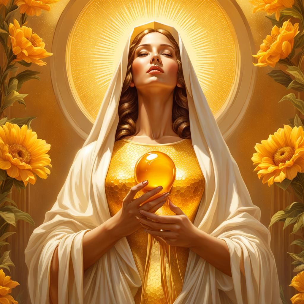 Elegant Woman Covered in Dripping Golden Honey