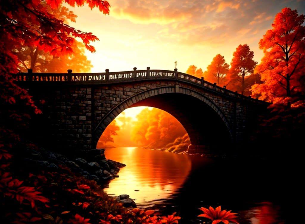 Surreal Autumn Bridge Reflects Dazzling Sunset