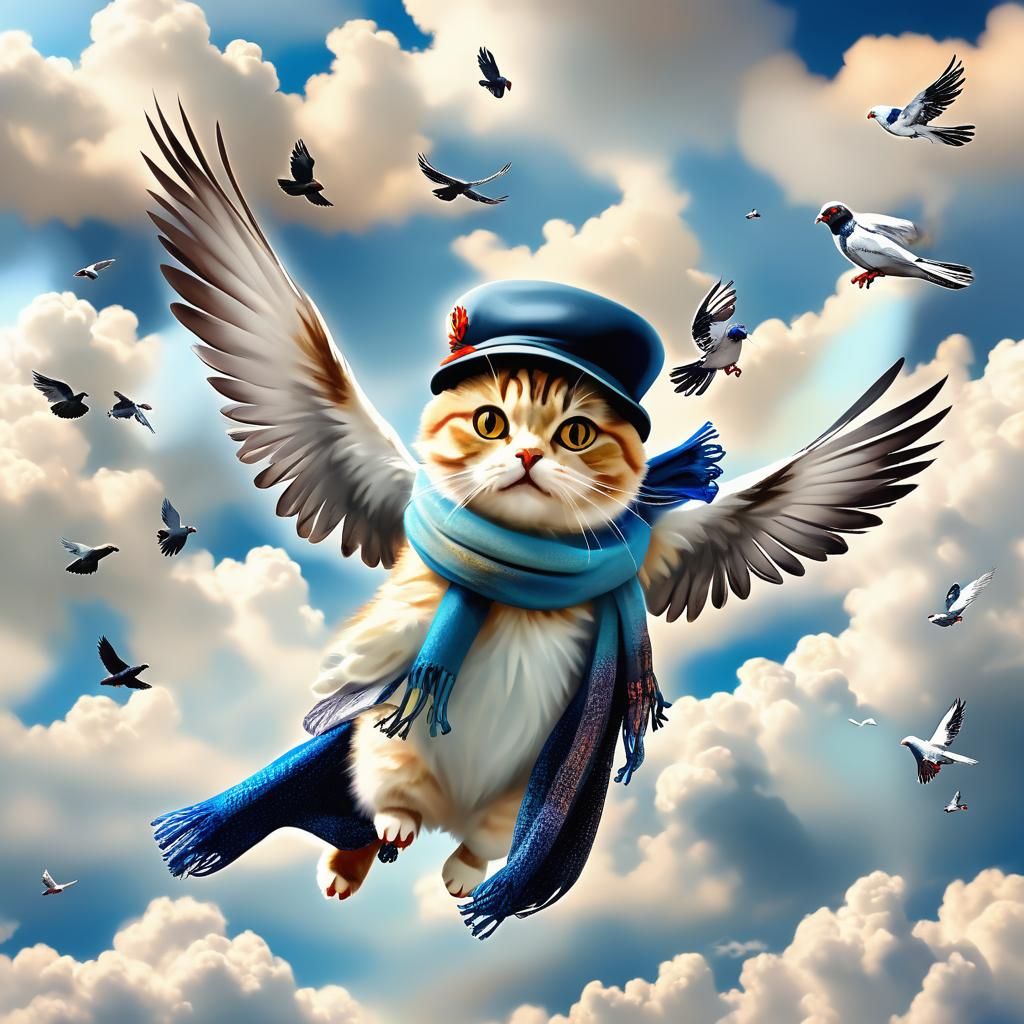 Winged Cat Flying Through Cloudy Sky