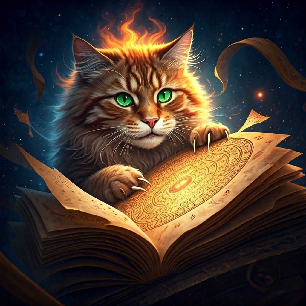 Majestic Cat Shreds Ancient Calendar in Vibrant Fantasy Scen...