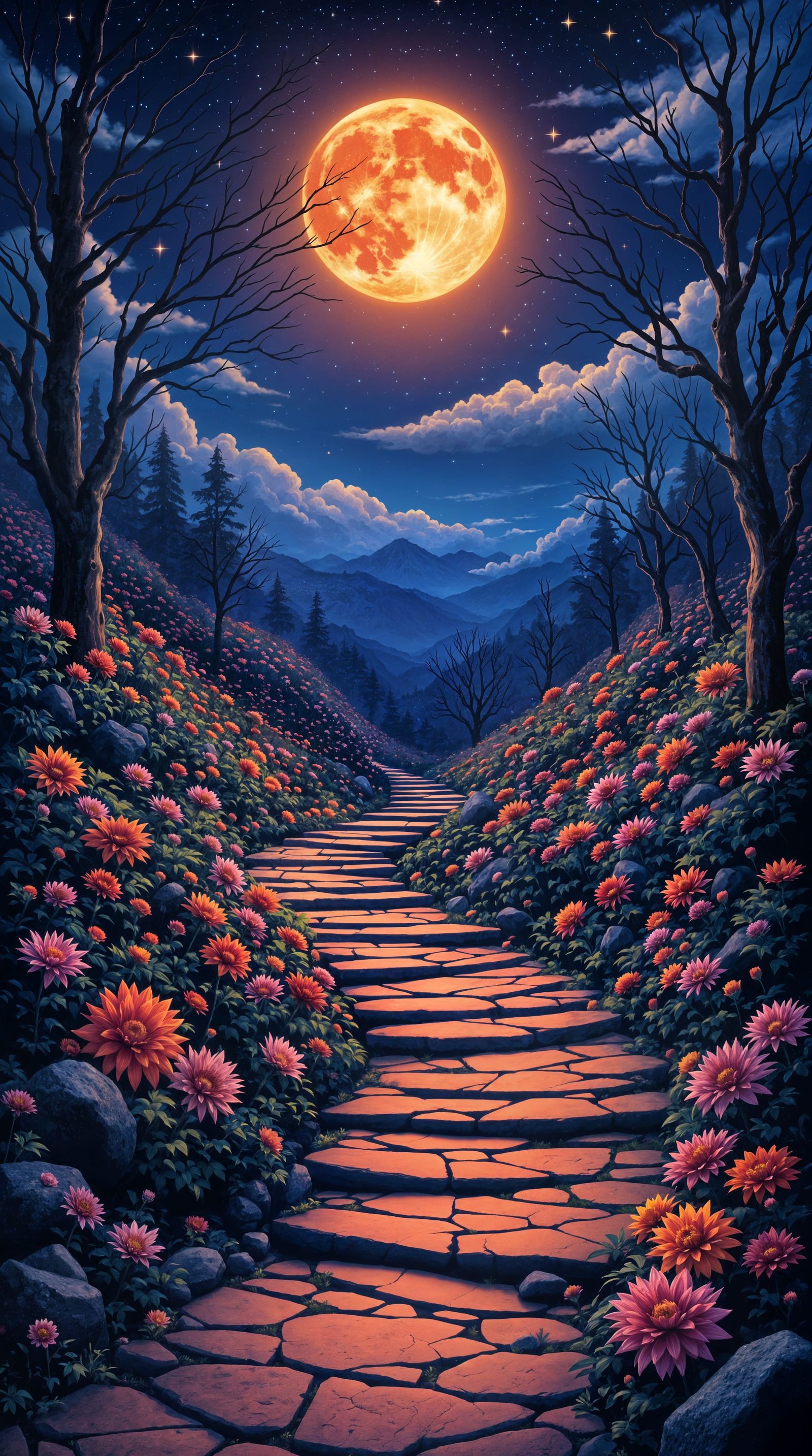 Moonlit Garden Pathway in Vibrant Bloom