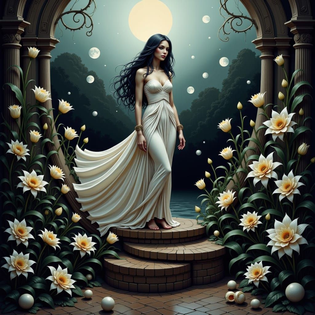Goddess of Love Surrounded by Ethereal Blooms in a Dreamy La...