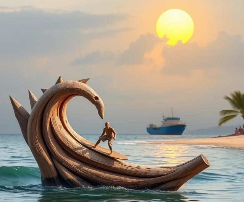 Surreal Wood Carved Wave with Surfer Figurine