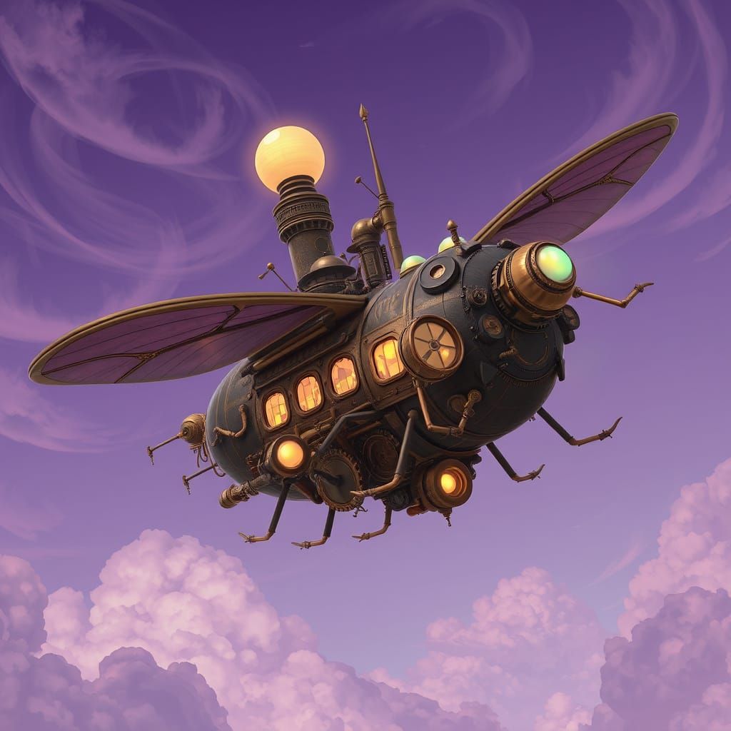Steampunk Beetle Airship Soaring Through Lavender Skies