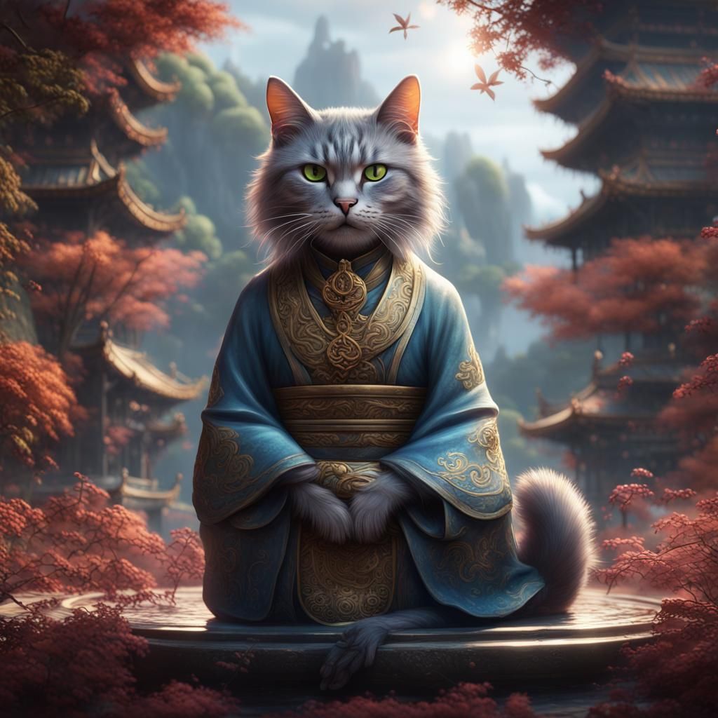 Zen Cat of Peace in Detailed Digital Painting