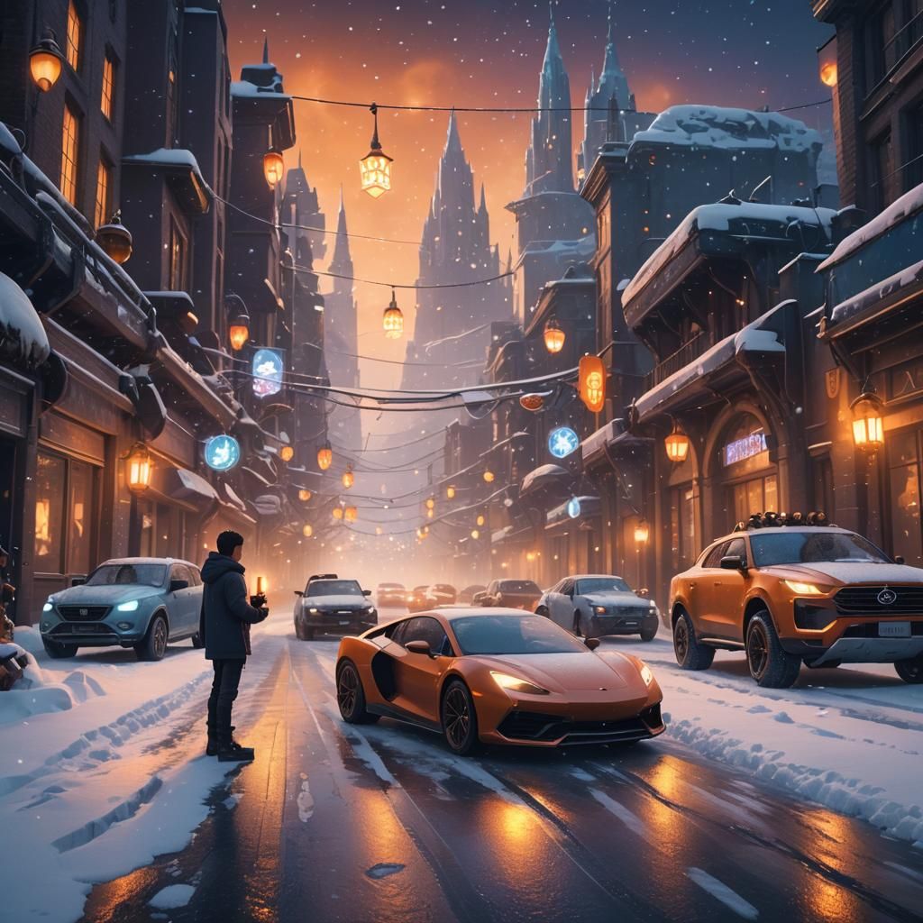 Boy with Candle on Snowy Futuristic Road