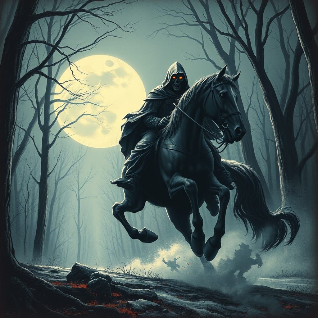 Headless Horseman Gallops Through Moonlit Forest