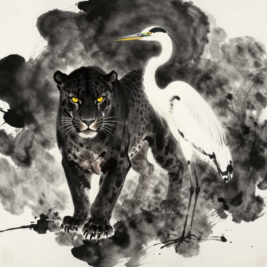 Monochrome Ink Art: Panther and Heron in Dynamic Splatter St...