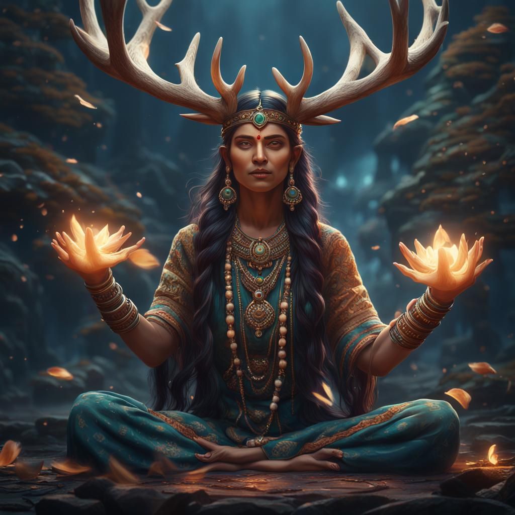 Antlered Shaman in Lotus Position: Fantasy Concept Art