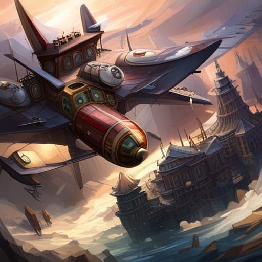 Steampunk Airship Over Steampunk Cityscape