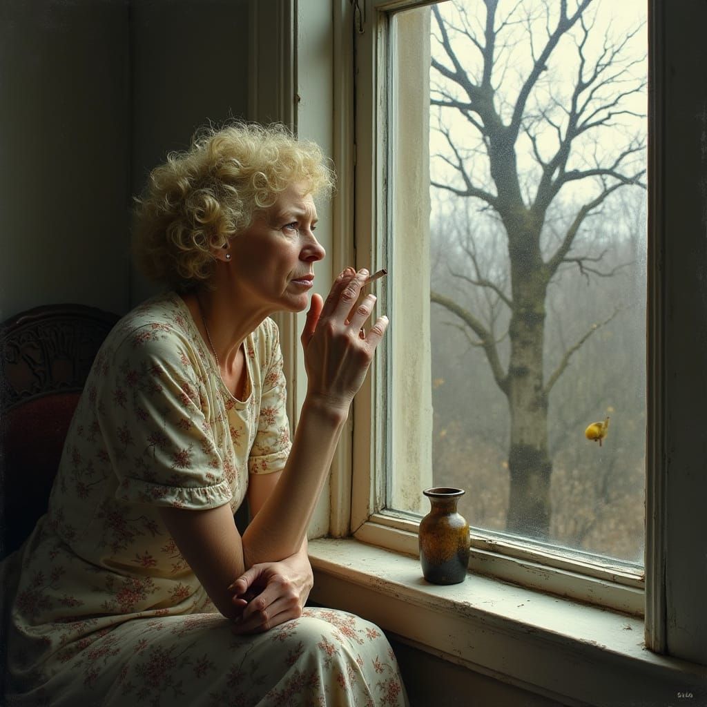 Melancholy Woman Gazing at Barren Tree, in Realist Style
