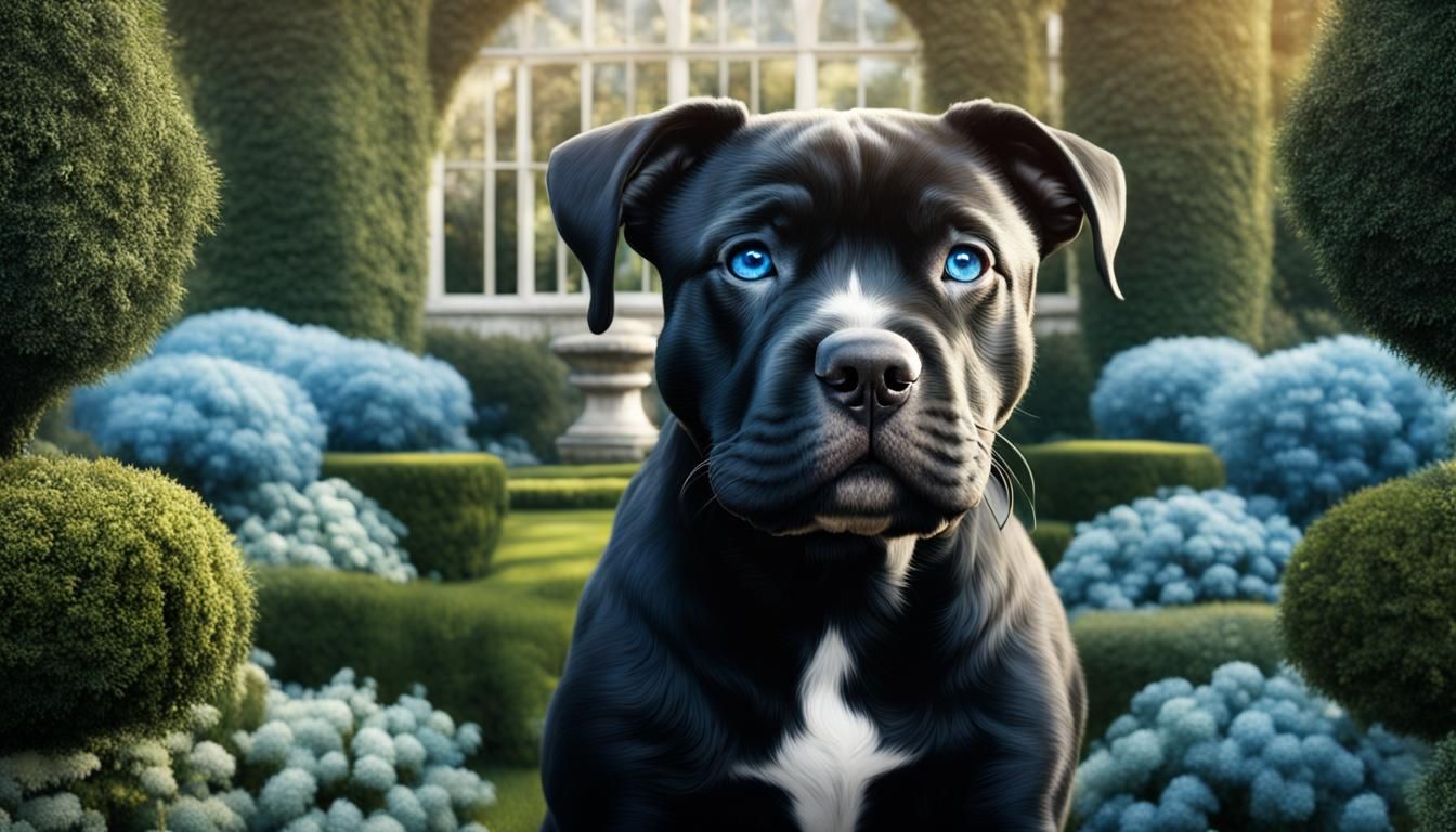 Pitbull Puppy with Blue Eyes in Garden