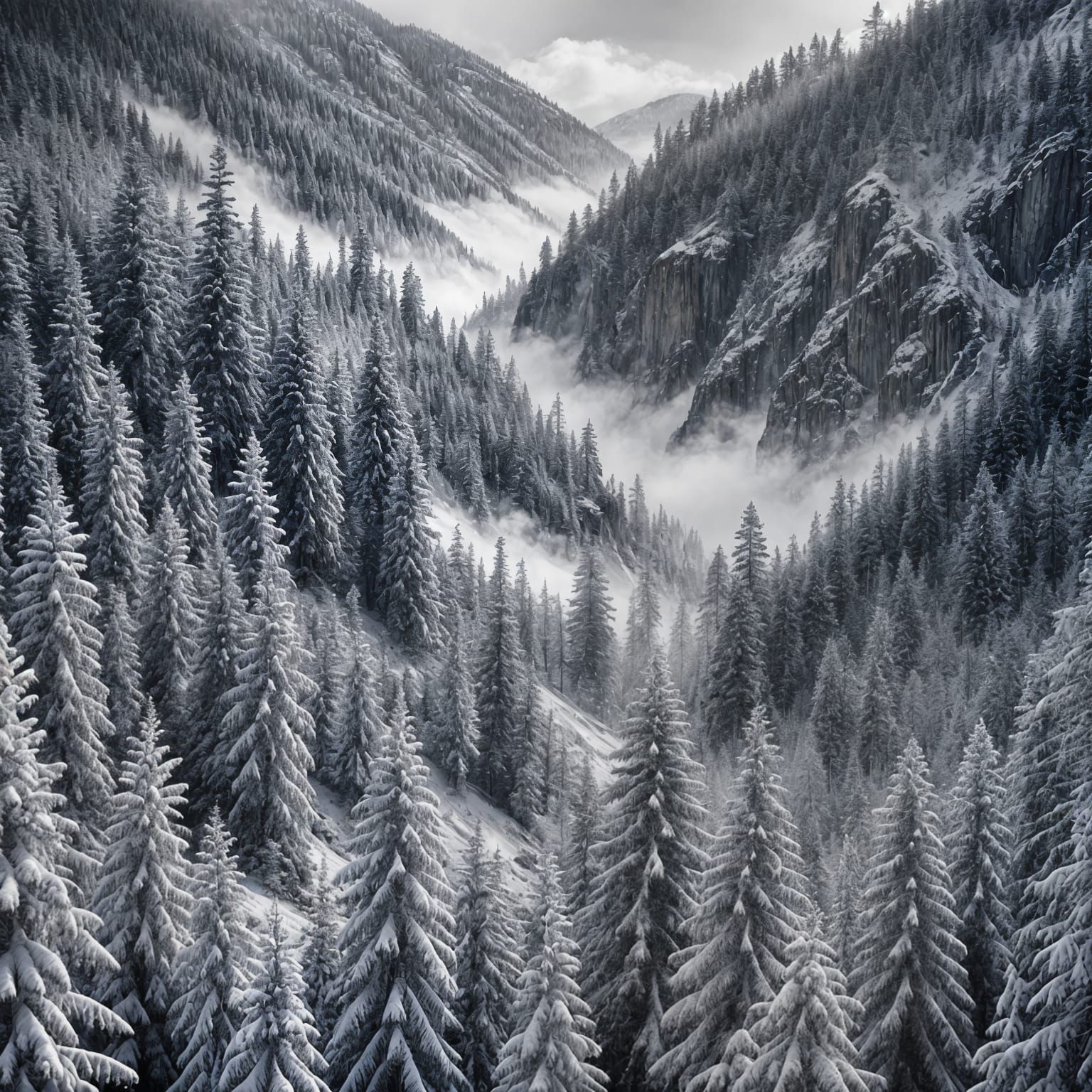 Ethereal Mountain Landscape in Monochrome