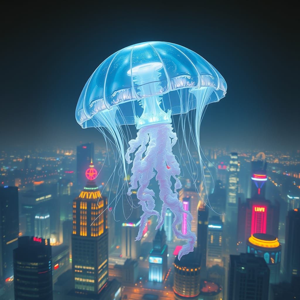 Futuristic Jellyfish Glows Above City at Night