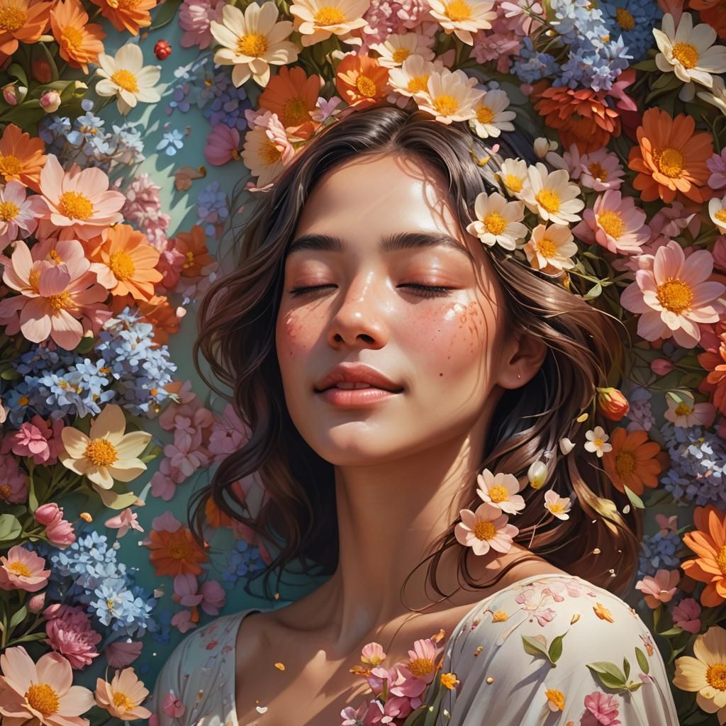 Woman Surrounded by Flowers in Hyperrealistic Style