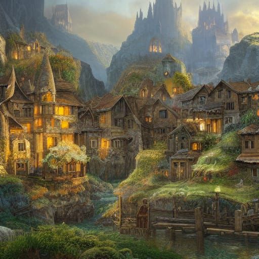 Fantasy Village in Misty Valley with Warm Sunlight