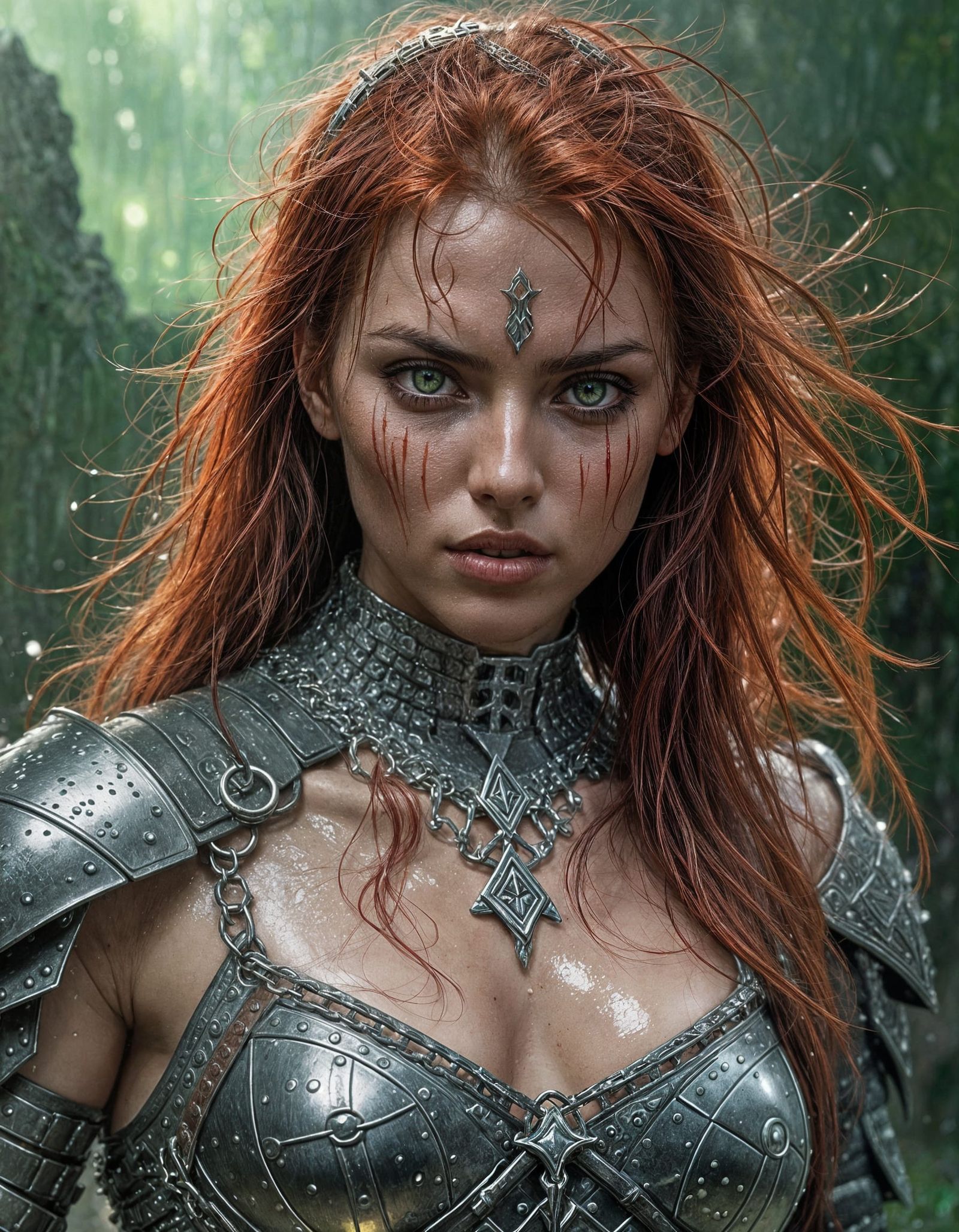 Sensual Redheaded Warrior in Shimmering Chainmail