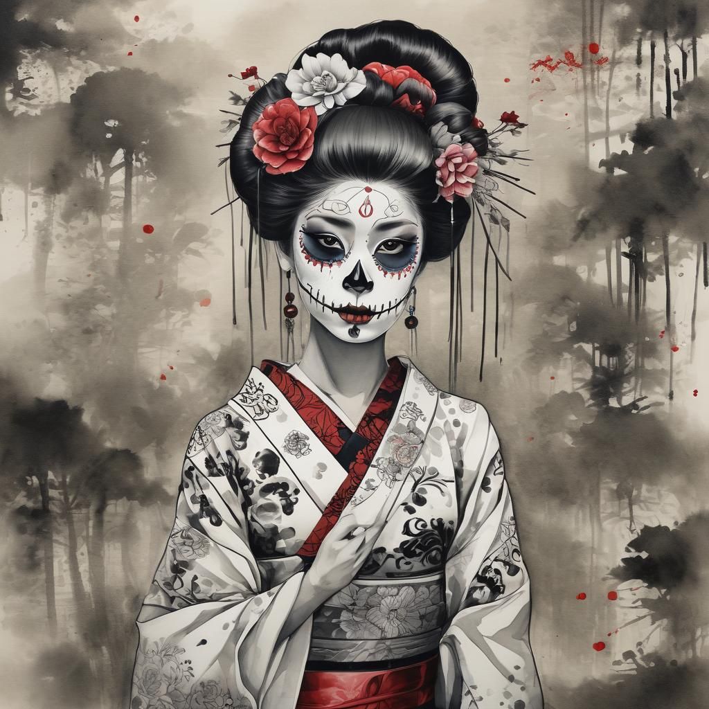Sumi-e Geisha with Dia de los Muertos Makeup